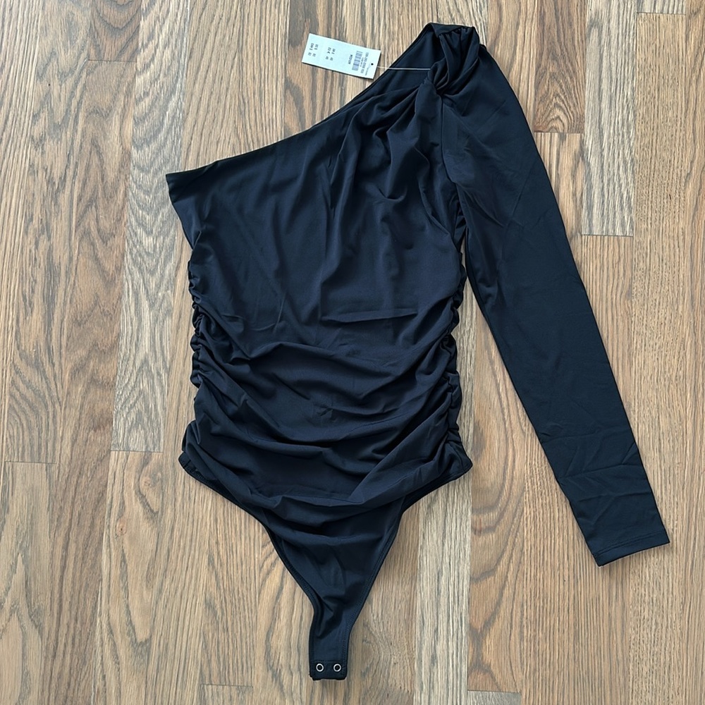 Abercrombie & Fitch Ruched Bodysuit Medium Long Sleeve One Shoulder Twist Black